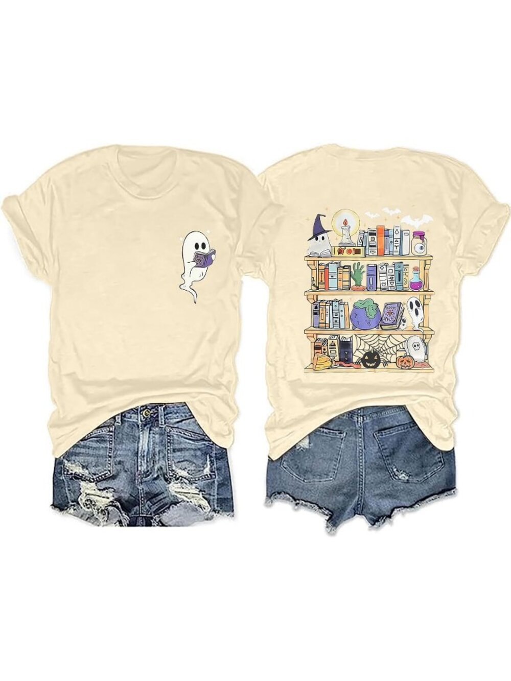 Women's Apricot Halloween Teacher Ghost Reading Book Graphic T-Shirt